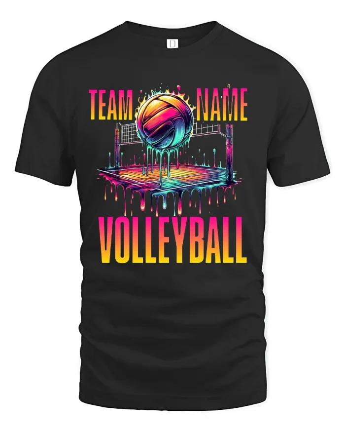 Colorful Team Name Volleyball T Shirt Neon Court Graphic Tee - black t-shirt on white background