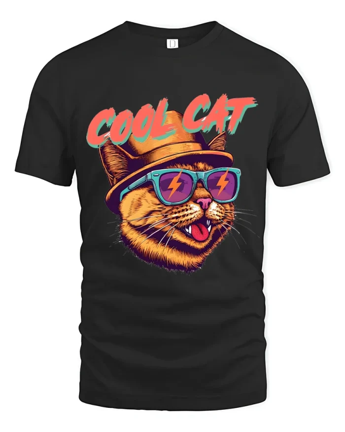 Cool Cat Sunglasses T Shirt Funny Retro Street Style Graphic Tee - black t-shirt on white background