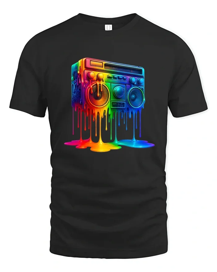 Rainbow Dripping Boombox T Shirt Retro Music Street Art Tee - black t-shirt on white background