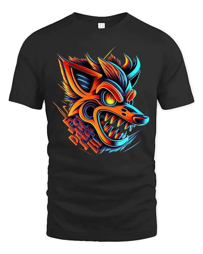 Neon Cyber Wolf Head T Shirt Fierce Electric Graphic Art Tee - black t-shirt on white background