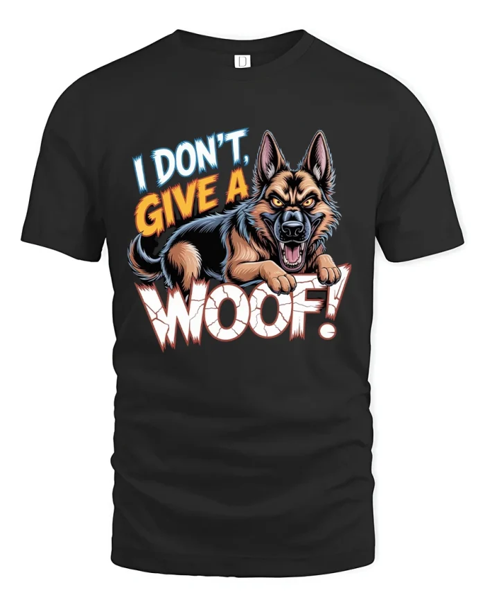 Funny Angry Wolf Attitude T Shirt I Dont Give A Woof Graphic Tee - black t-shirt on white background