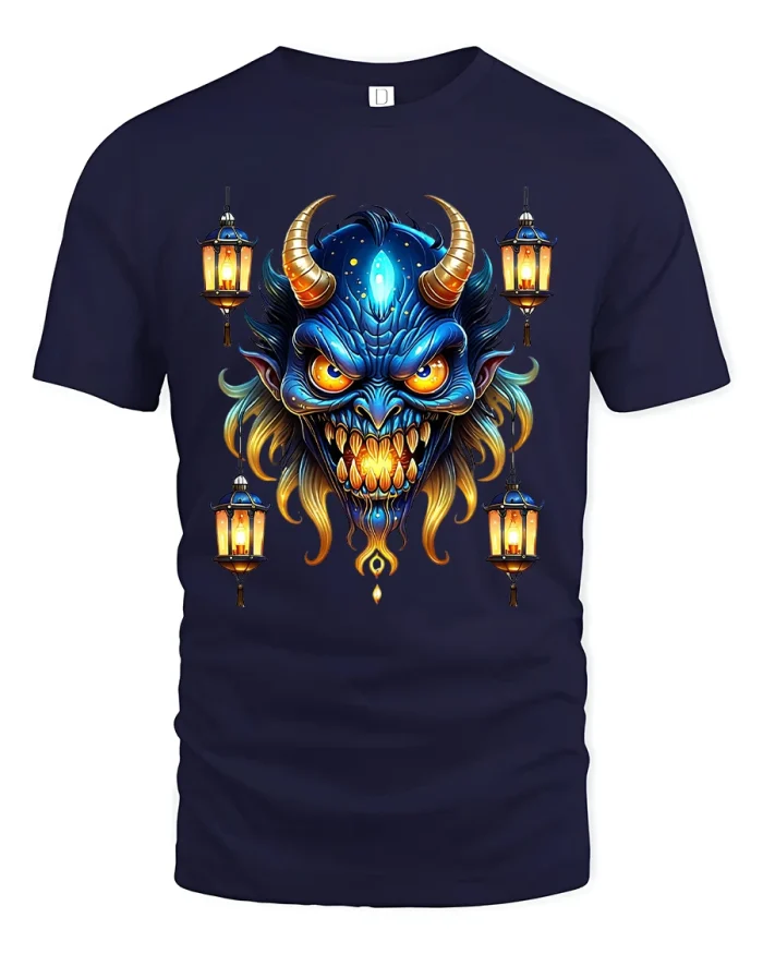 Dark Fantasy Demon Face T Shirt Glowing Lantern Gothic Art Tee - navy t-shirt on white background