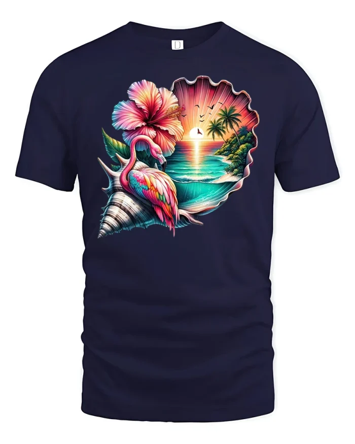 Tropical Flamingo Sunset Shell T Shirt Colorful Beach Art Tee - navy t-shirt on white background