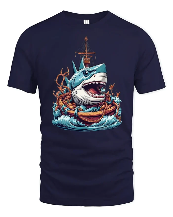 Fierce Shark Ocean Adventure T Shirt Nautical Sea Graphic Tee - navy t-shirt on white background
