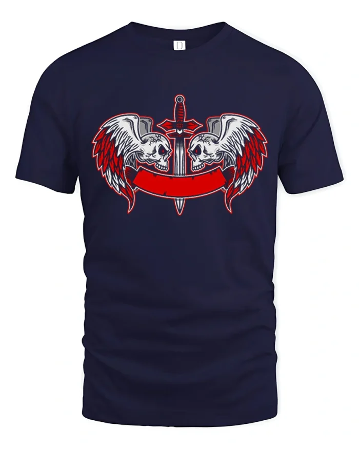 Winged Skull Sword T Shirt Dark Gothic Warrior Graphic Tee - navy t-shirt on white background