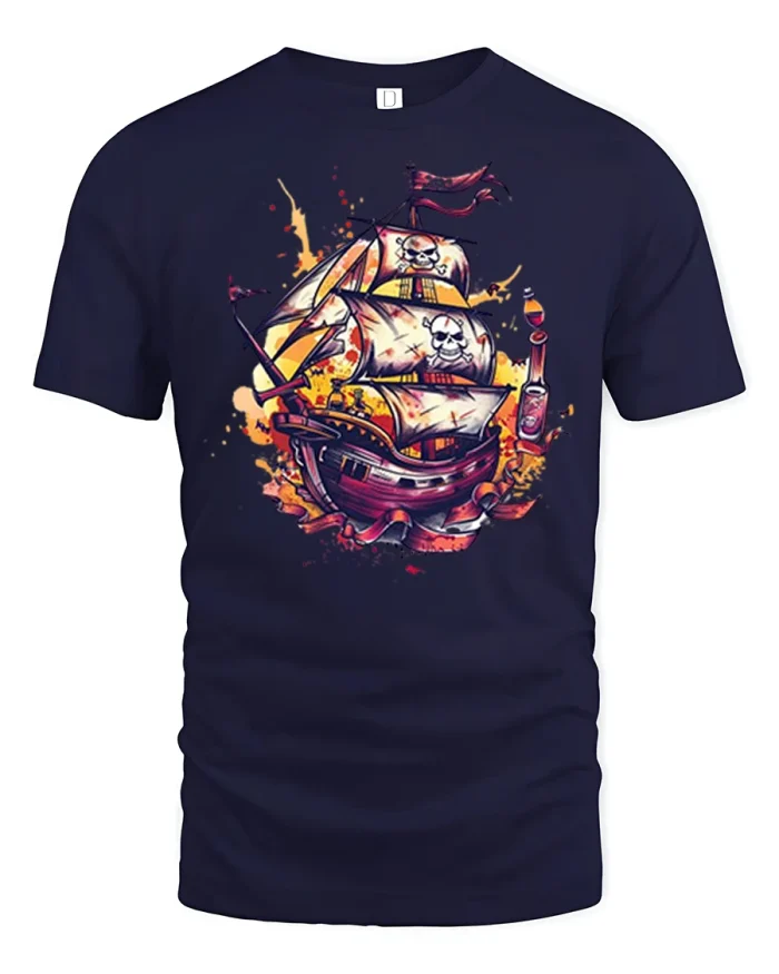Pirate Skull Ship Adventure T Shirt Epic Ocean Art Graphic Tee - navy t-shirt on white background