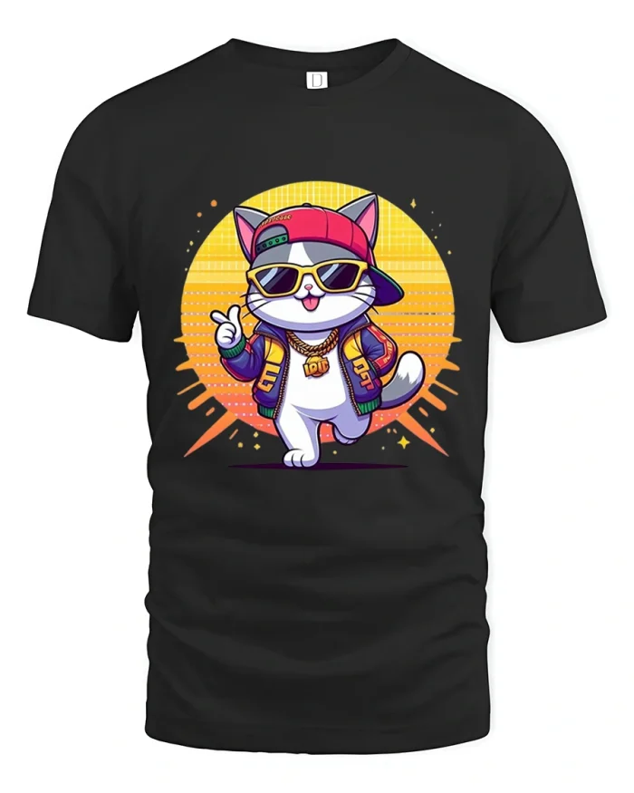 Cool Street Style Cat T Shirt Funny Hip Hop Cartoon Graphic Tee - black t-shirt on white background