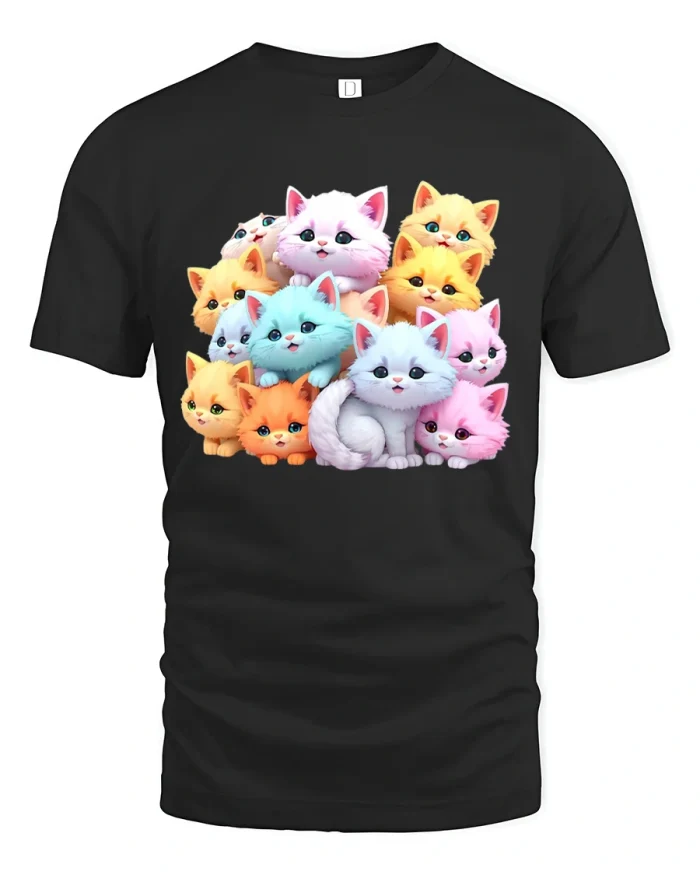 Cute Colorful Kittens T Shirt Adorable Cartoon Cat Graphic Tee - black t-shirt on white background