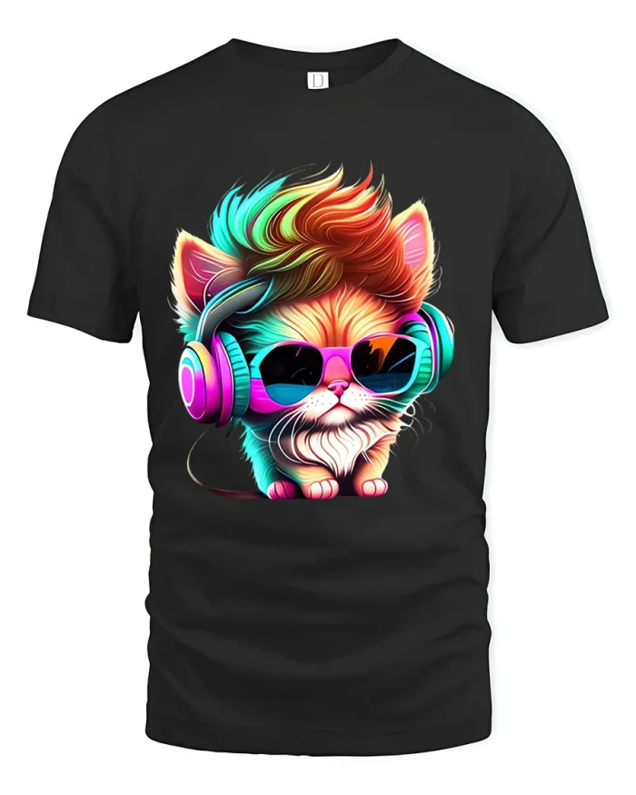 Cool Music Cat Headphones T Shirt Colorful DJ Cartoon Graphic Tee - black t-shirt on white background