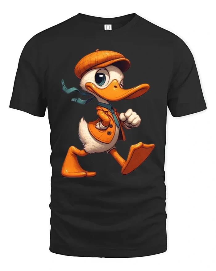 Cool Walking Duck T Shirt Funny Cartoon Character Graphic Tee - black t-shirt on white background