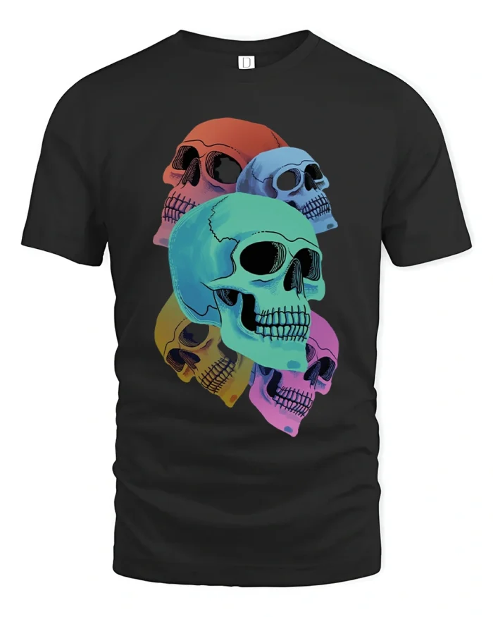 Colorful Skull Stack T Shirt Bold Artistic Graphic Tee - black t-shirt on white background