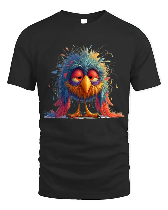 Sleepy Colorful Bird T Shirt Funny Moody Cartoon Animal Tee - black t-shirt on white background