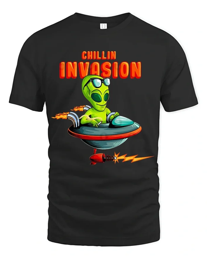 Chillin Invasion Alien T Shirt Funny UFO Cartoon Graphic Tee - black t-shirt on white background