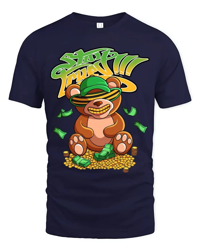 Stay Fresh Money Bear T Shirt Funny Cartoon Rich Bear Tee - navy t-shirt on white background