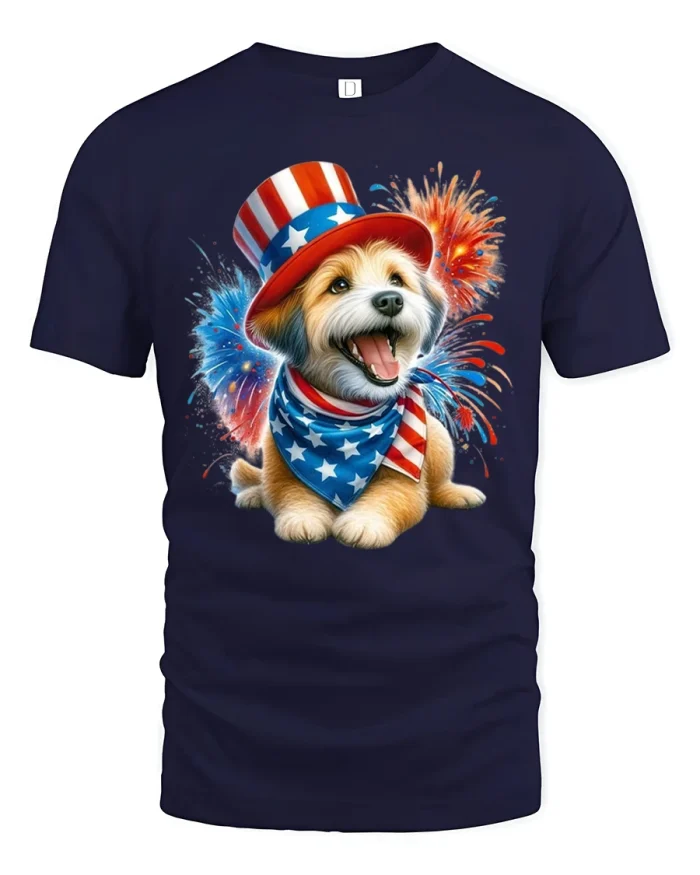 Patriotic Happy Dog T Shirt Funny American Fireworks Puppy Tee - navy t-shirt on white background