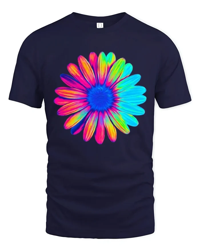 Vibrant Rainbow Bloom Art Tee With Bold Psychedelic Energy - navy t-shirt on white background
