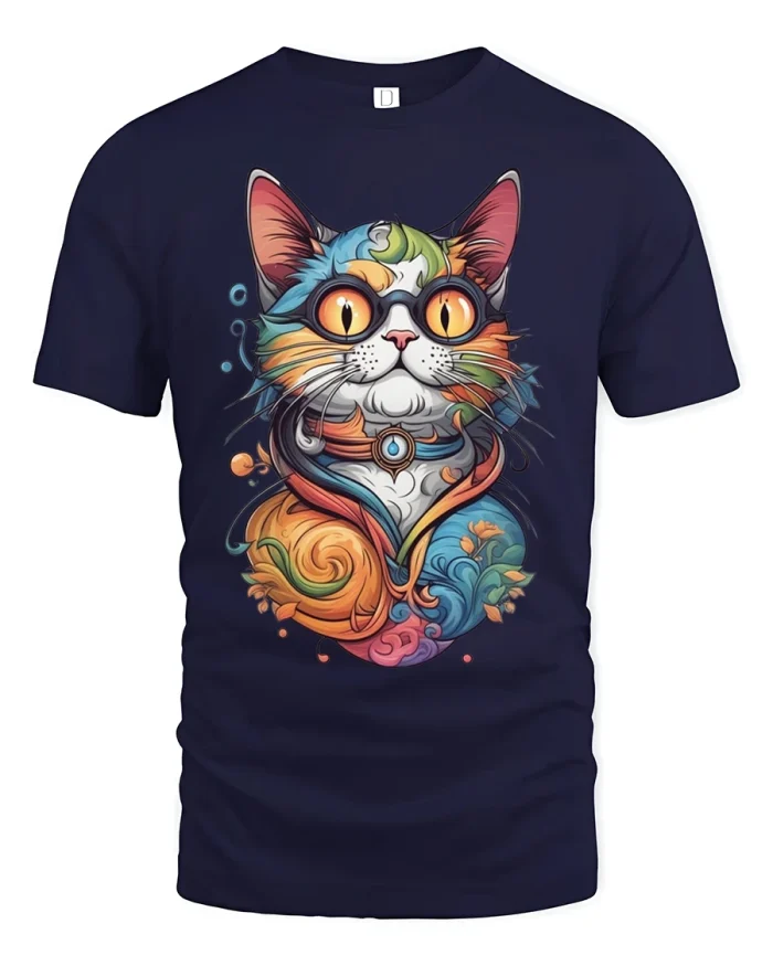 Colorful Artistic Cat Graphic Tee With Fantasy Swirl Design - navy t-shirt on white background