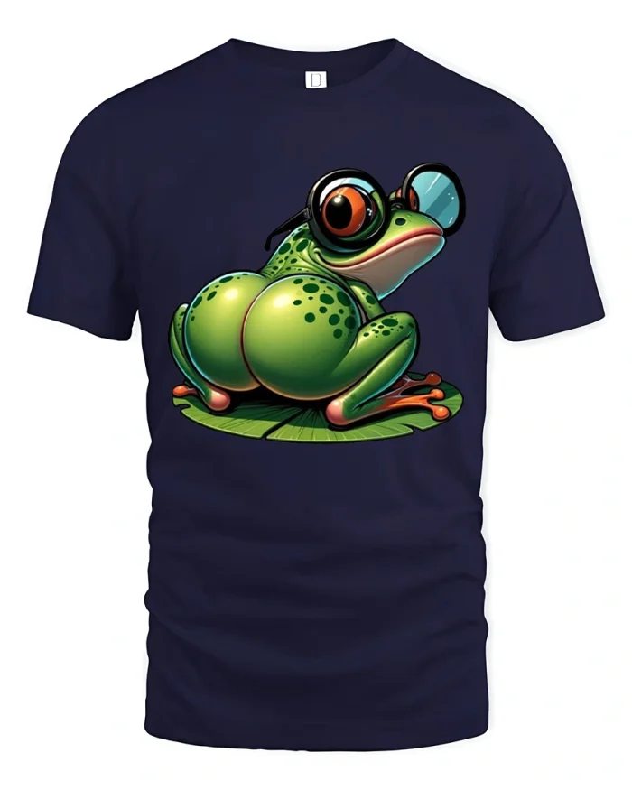 Funny Frog With Goggles Graphic Tee Cute Cartoon Style - navy t-shirt on white background