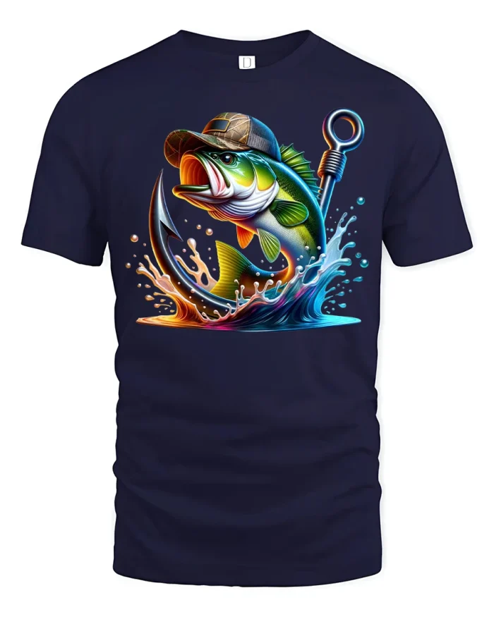 Colorful Bass Fishing Splash Graphic Tee With Hook Art - navy t-shirt on white background