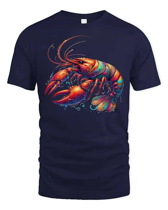 Colorful Lobster Ocean Art Psychedelic Illustration Graphic Tee - navy t-shirt on white background