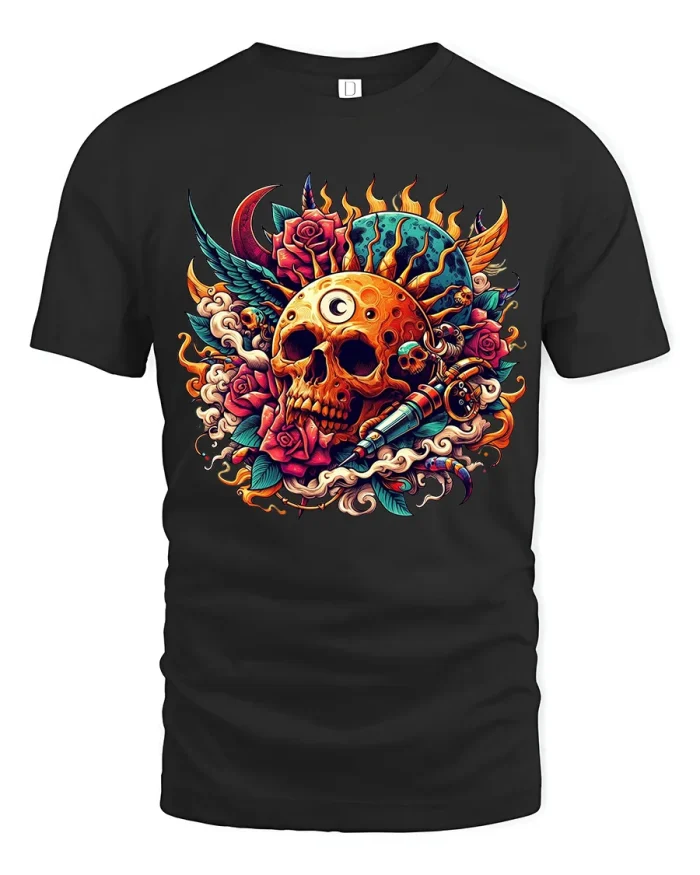 Psychedelic Skull Tattoo Art T Shirt With Roses Sun And Moon - black t-shirt on white background