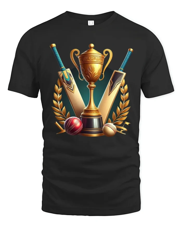 Cricket Champion Trophy And Bat Victory Art Graphic T Shirt - black t-shirt on white background