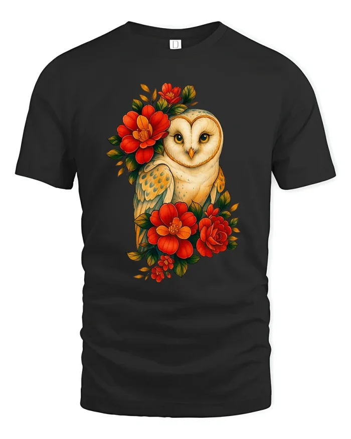 Elegant Owl And Red Flower Botanical Art Graphic T Shirt - black t-shirt on white background