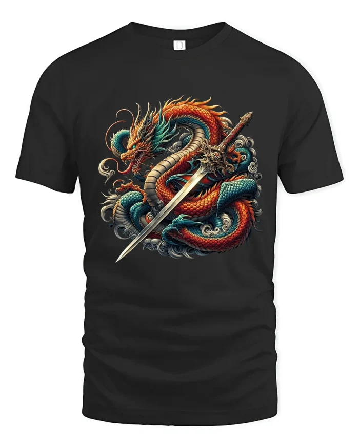 Epic Dragon And Samurai Sword Fantasy Art Graphic T Shirt - black t-shirt on white background