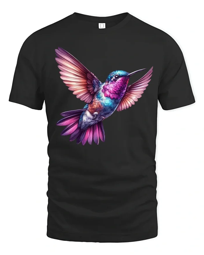 Vibrant Hummingbird In Flight Colorful Nature Art Graphic T Shirt - black t-shirt on white background