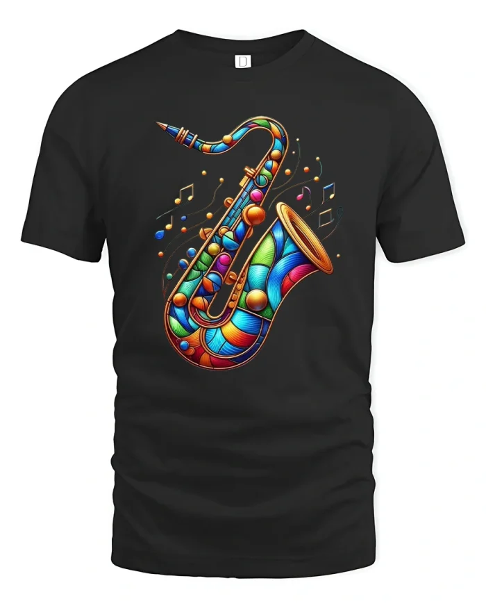 Colorful Saxophone Music Art Graphic T Shirt With Jazz Vibes - black t-shirt on white background