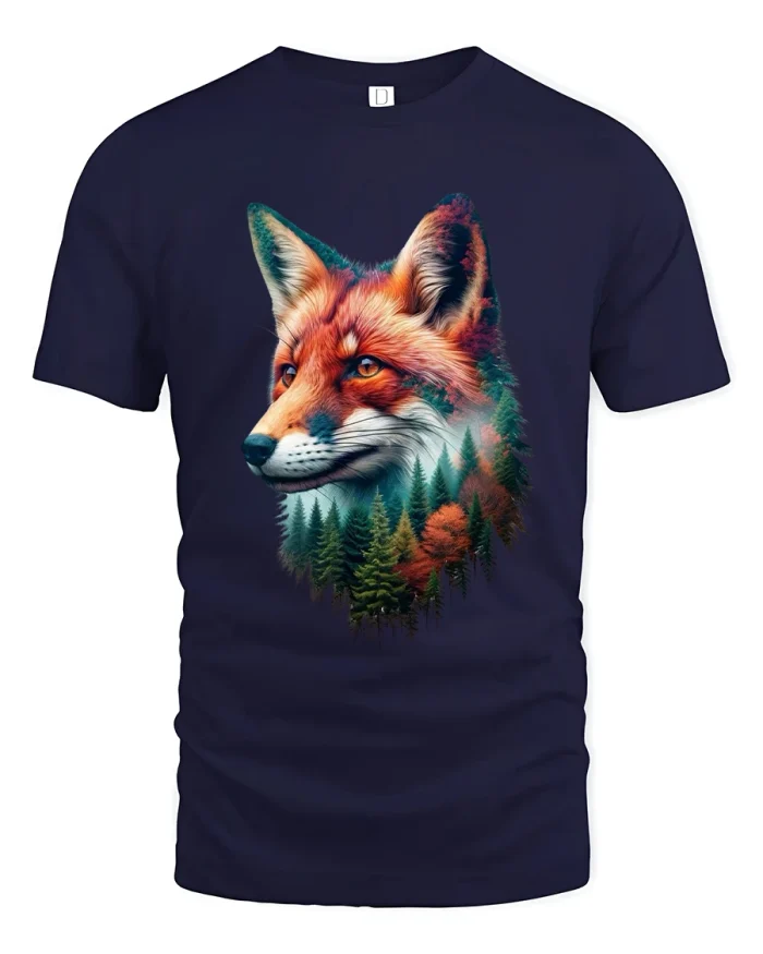 Majestic Fox And Forest Wildlife Art Nature Inspired Graphic T Shirt - navy t-shirt on white background