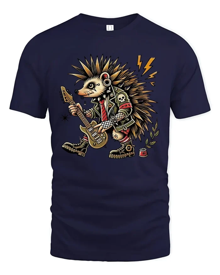 Punk Rock Hedgehog Guitarist Funny Animal Music Graphic T Shirt - navy t-shirt on white background