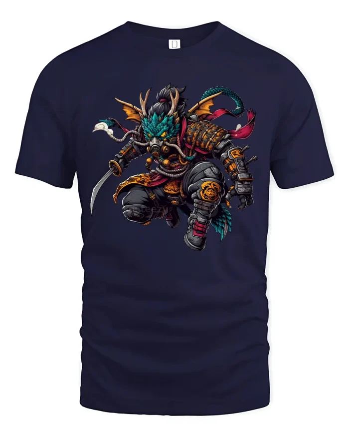 Armored Dragon Warrior Samurai Fantasy Art Graphic T Shirt - navy t-shirt on white background