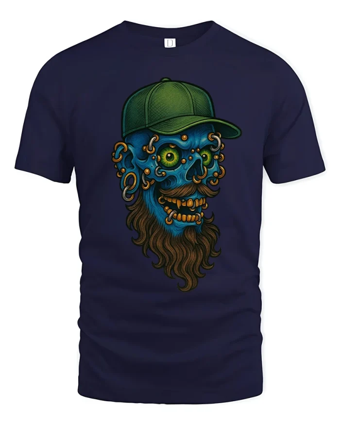 Urban Bearded Skull With Cap Street Art Graphic T Shirt - navy t-shirt on white background