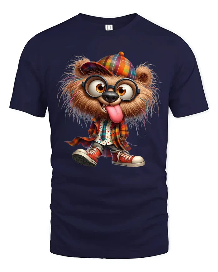 Funny Bear Cartoon Character With Glasses Cute Graphic T Shirt - navy t-shirt on white background