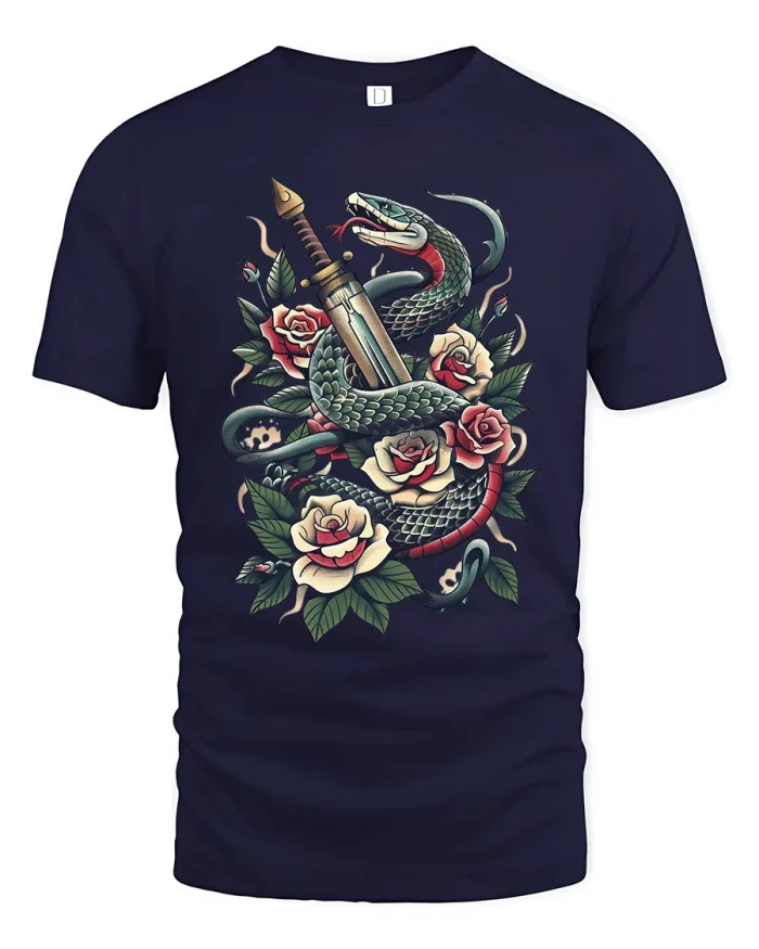 Snake And Dagger With Roses Classic Tattoo Art Graphic T Shirt - navy t-shirt on white background
