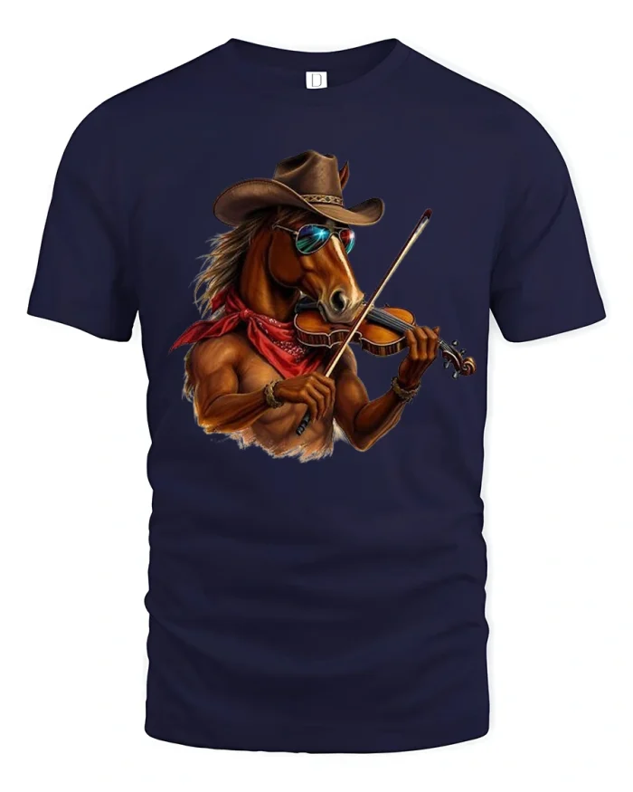 Cool Cowboy Horse Playing Violin Western Music Art Graphic T Shirt - navy t-shirt on white background