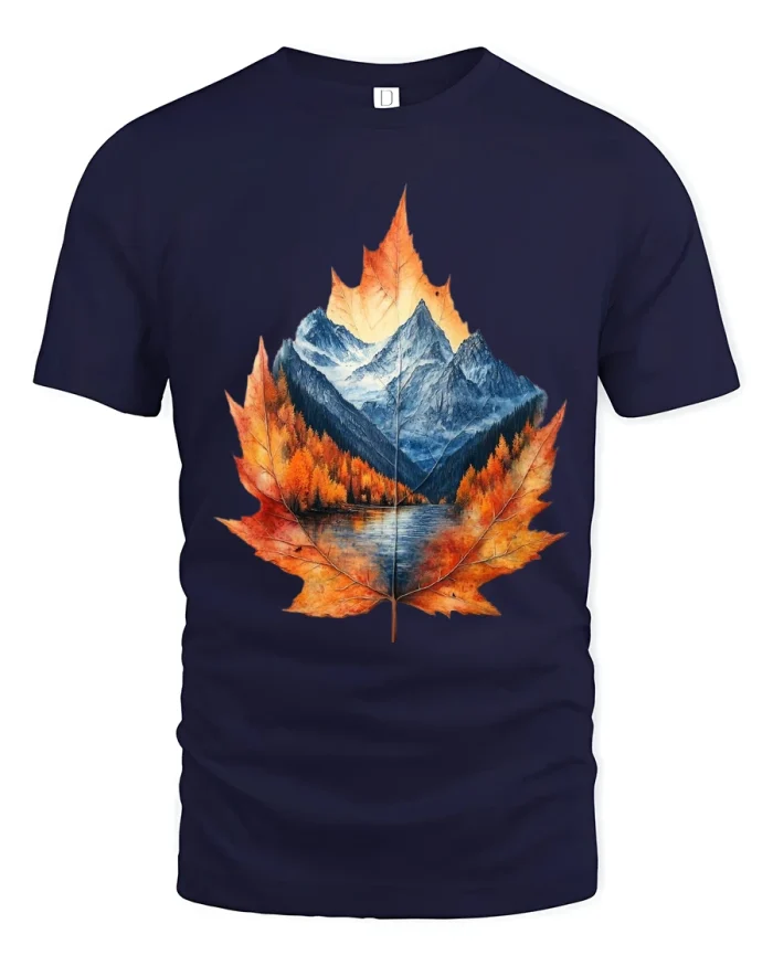 Autumn Leaf Mountain Landscape Nature Art Graphic T Shirt - navy t-shirt on white background