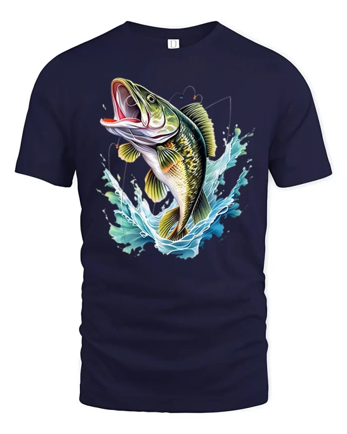 Largemouth Bass Jumping Out Of Water Fishing Art Graphic T Shirt - navy t-shirt on white background
