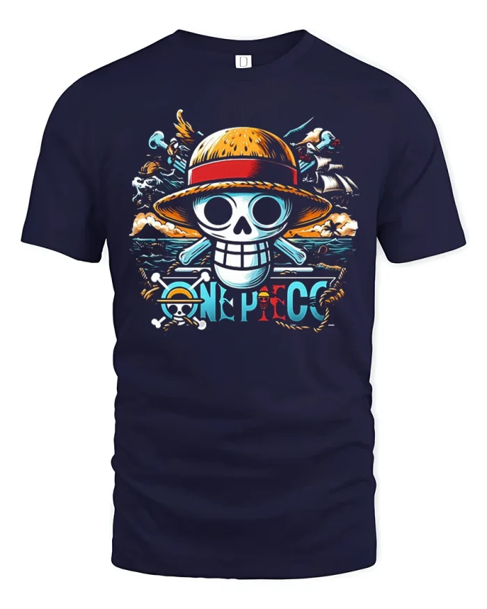 Pirate Skull Straw Hat Anime Style Adventure Graphic T Shirt - navy t-shirt on white background