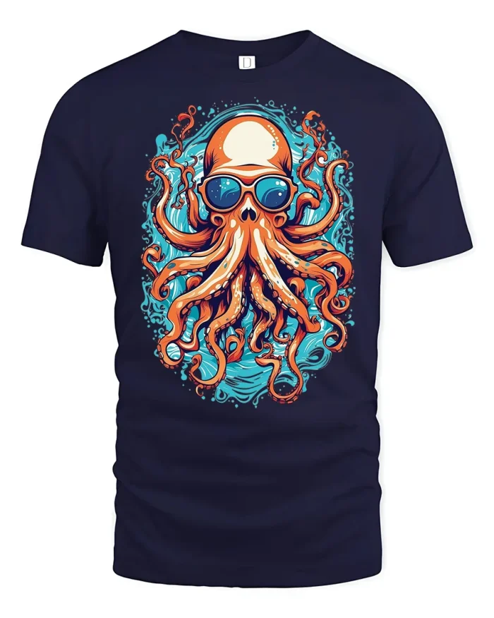 Cool Octopus Skull With Sunglasses Ocean Art Graphic T Shirt - navy t-shirt on white background