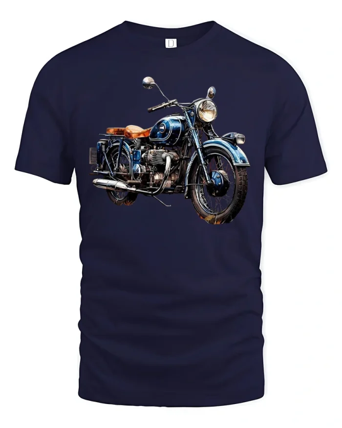 Vintage Classic Motorcycle Detailed Retro Engine Art Graphic T Shirt - navy t-shirt on white background