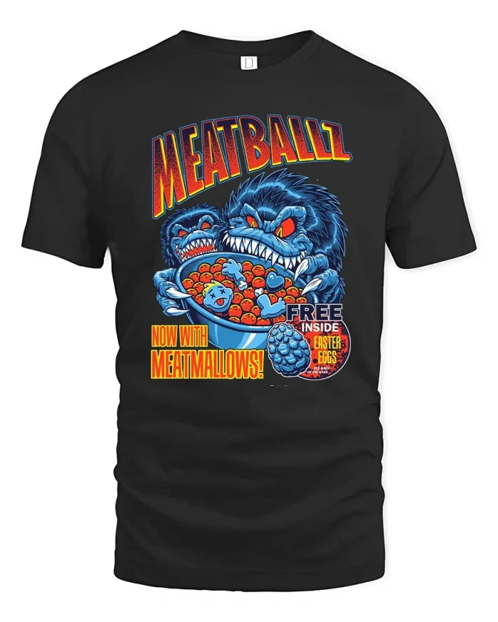 Meatballz Funny Retro Monster Cereal Parody Graphic T Shirt - black t-shirt on white background