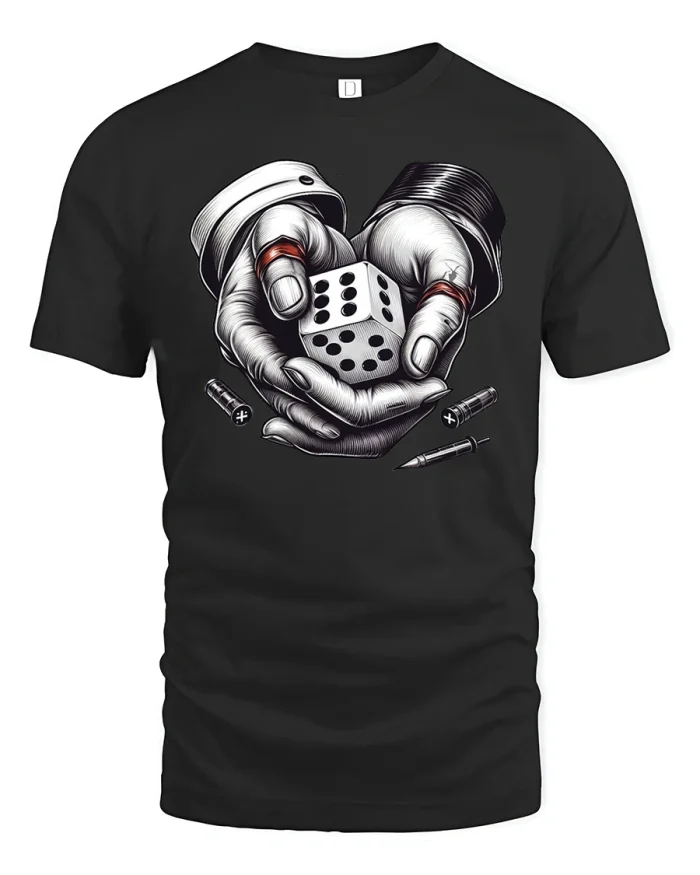 Lucky Dice Gritty Hands Gambling Art Style Graphic T Shirt - black t-shirt on white background