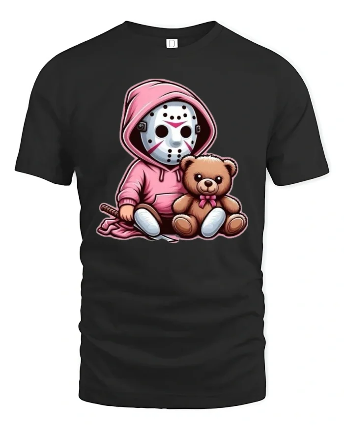 Cute Horror Teddy Mask Graphic Tee With Dark Kawaii Style Art - black t-shirt on white background