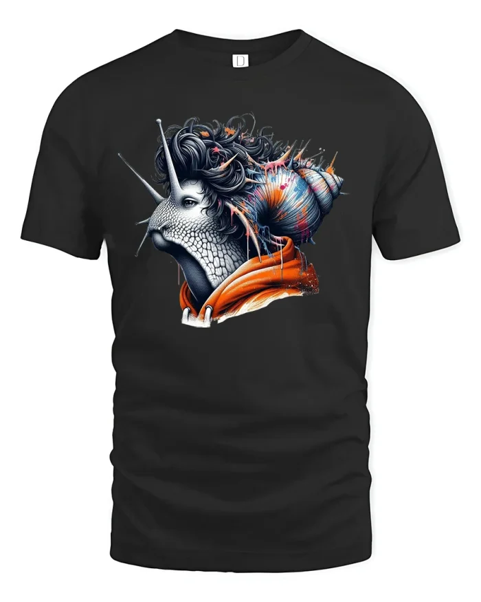 Surreal Snail Portrait Graphic Tee With Artistic Fantasy Character Style - black t-shirt on white background