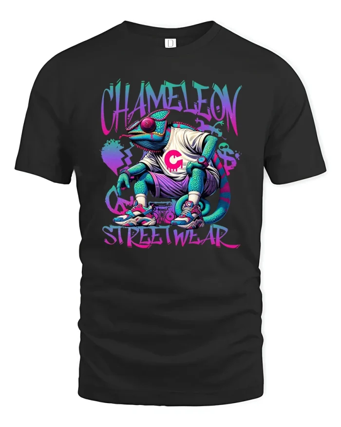 Chameleon Streetwear Graphic Tee With Urban Cartoon Art Style - black t-shirt on white background