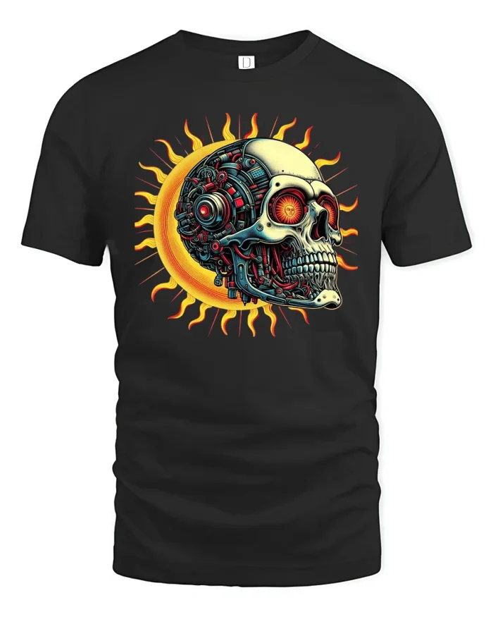 Cyber Skull Sun Graphic Tee With Futuristic Mechanical Art Style - black t-shirt on white background