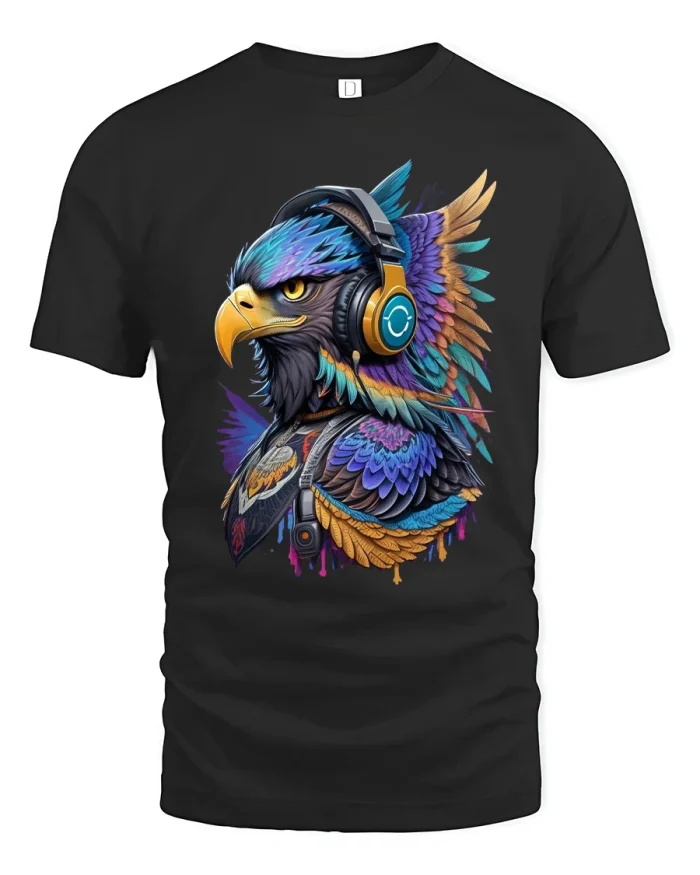 Colorful Eagle With Headphones Graphic Tee Music Street Art - black t-shirt on white background