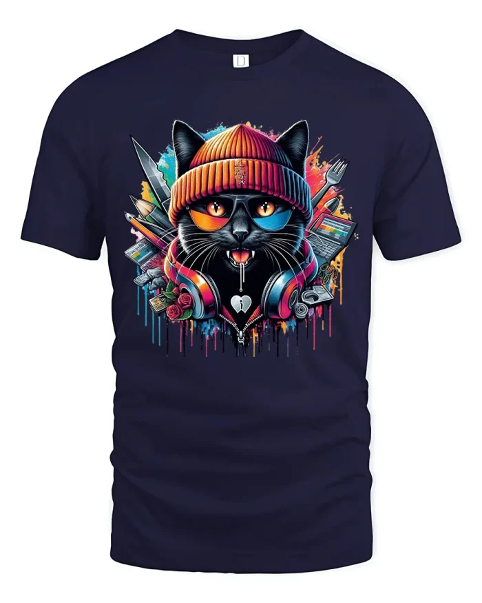 Urban Street Cat Graphic Tee With Colorful Music Art Style - navy t-shirt on white background
